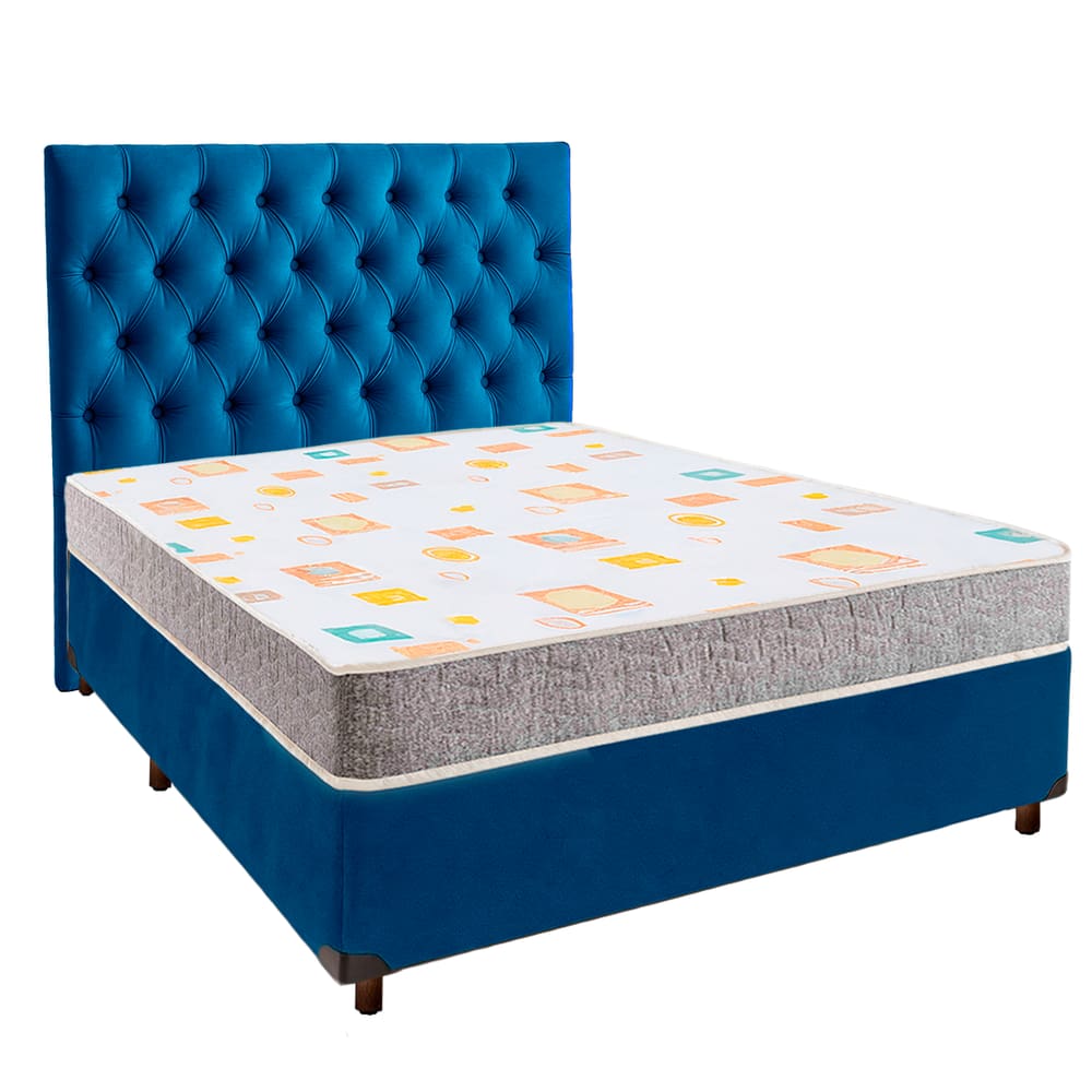 Conjunto Cama Box Azul Casal + Colchão D20 D20 Inducol + Cabeceira