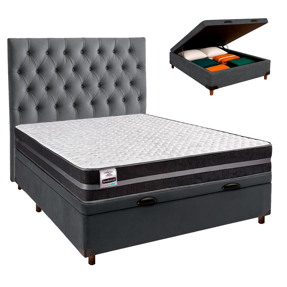 Conjunto Cama Box Bau Cinza Casal + Colchão Molas Ultralastic Bogota Inducol + Cabeceira