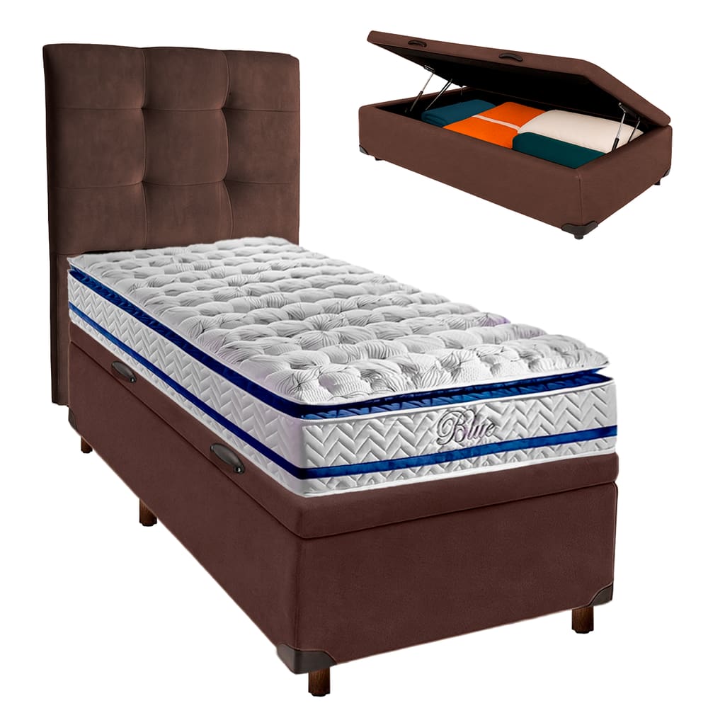 Kit Cama Box Bau + Cabeceira + Colchão Solteiro Molas Ensacadas - Blue - Paropas