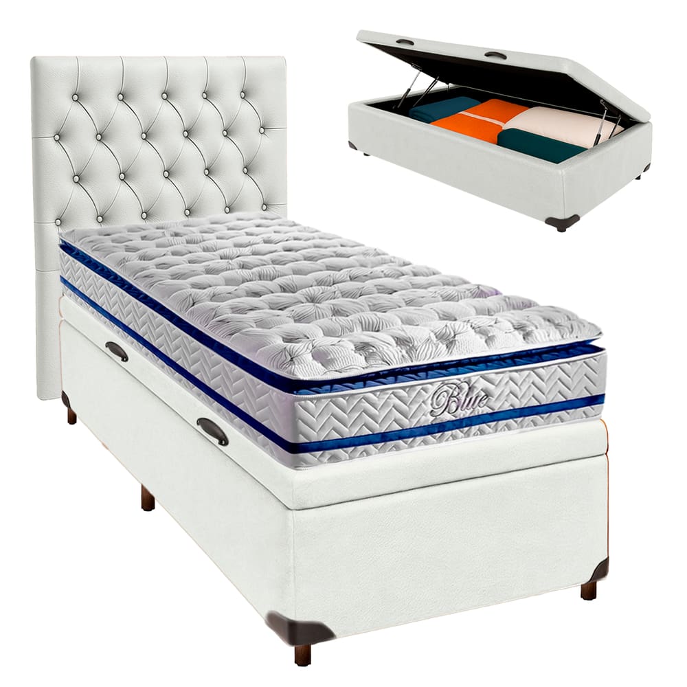 Kit Cabeceira + Cama Box Bau  + Colchão Solteiro Molas Ensacadas Blue Paropas