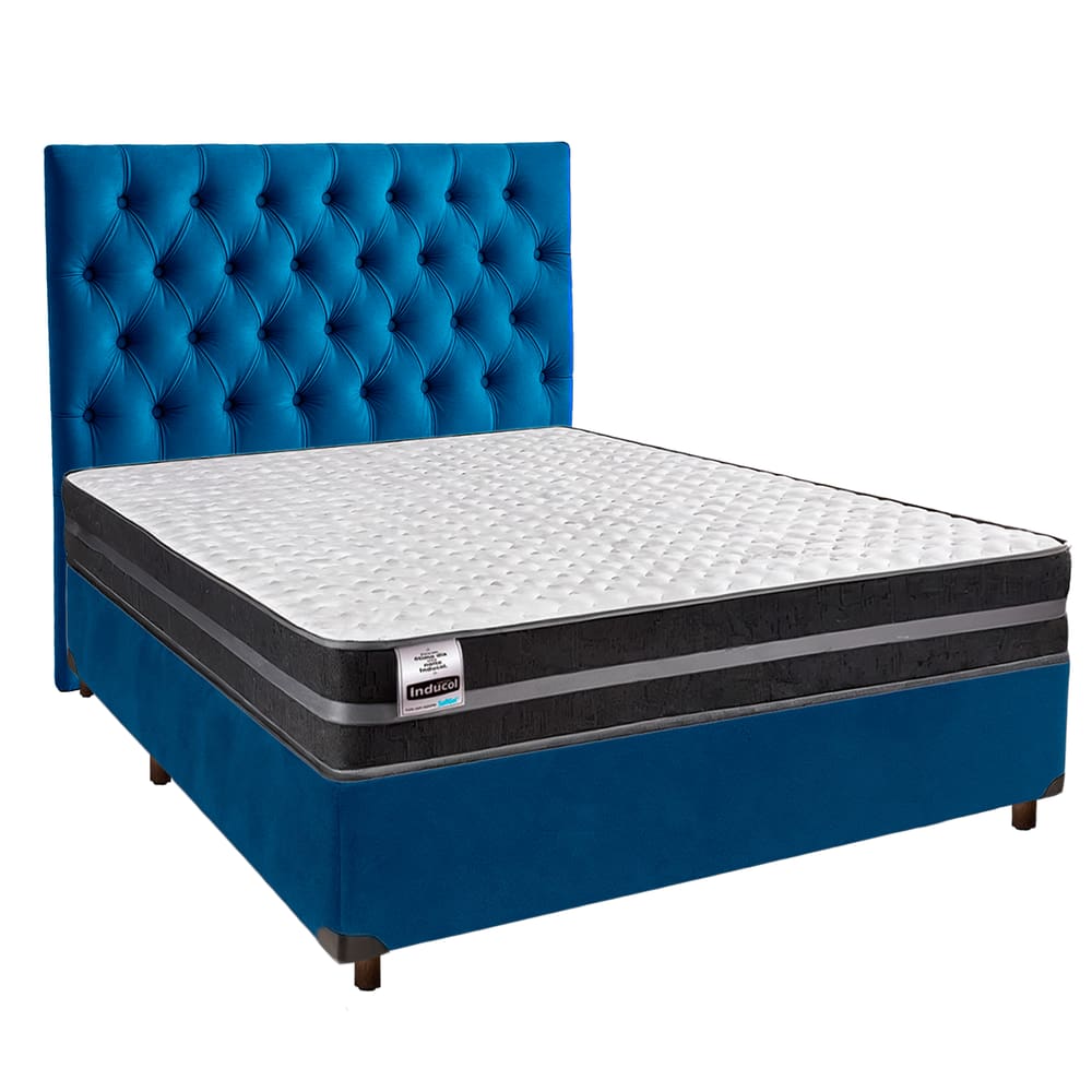 Cama + Box Azul e Colchão Molas Ultralastic Casal - Bogota Inducol + Cabeceira