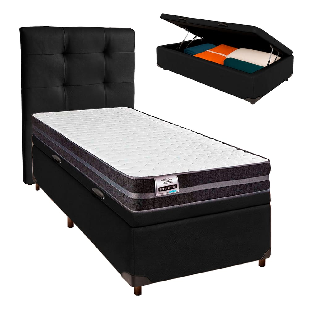 Conjunto Cama Box Bau Blindado Solteiro + Colchão Molas Ultralastic Bogota Inducol + Cabeceira