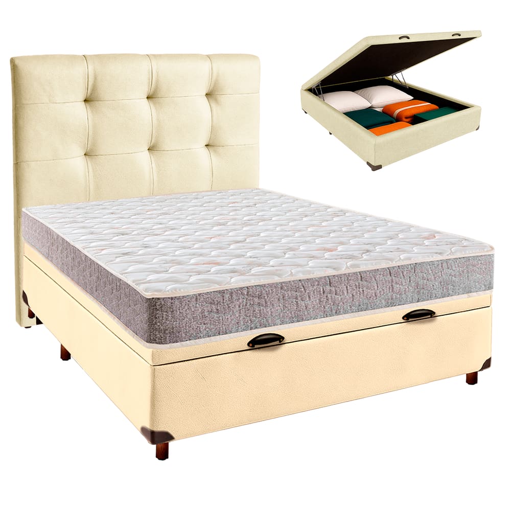 Cama + Bau Bege e Colchão D33 Casal - D33 Inducol + Cabeceira