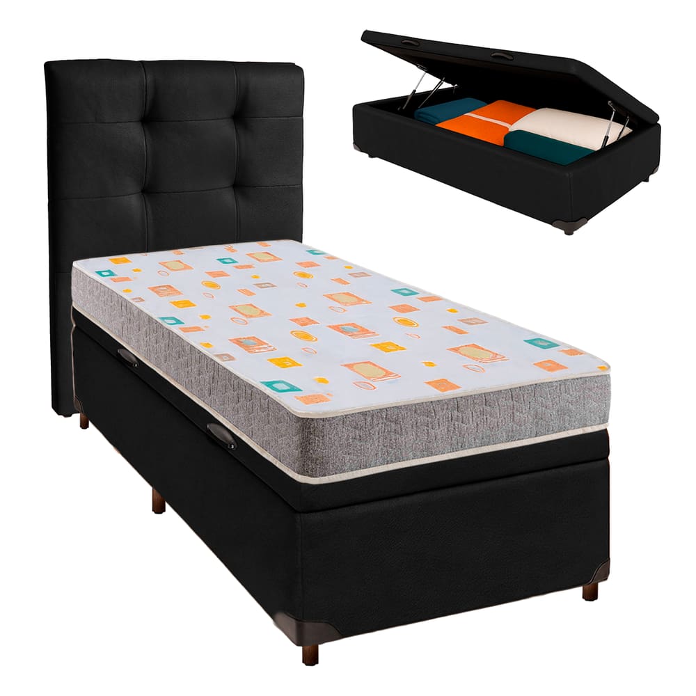 Cama Box Bau + Colchão Solteiro D20 D20 Inducol + Cabeceira Estofada