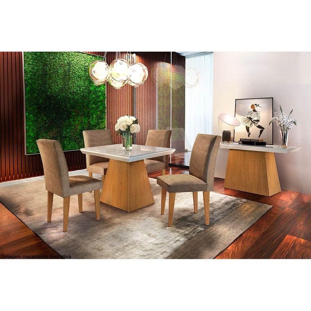 Conjunto: Mesa de Cozinha Luna Tampo Madeirado c/ Vidro Canto Reto 90x90cm e 4 Cadeiras Grécia Imbuia/Suede Capuccino - Rufato
