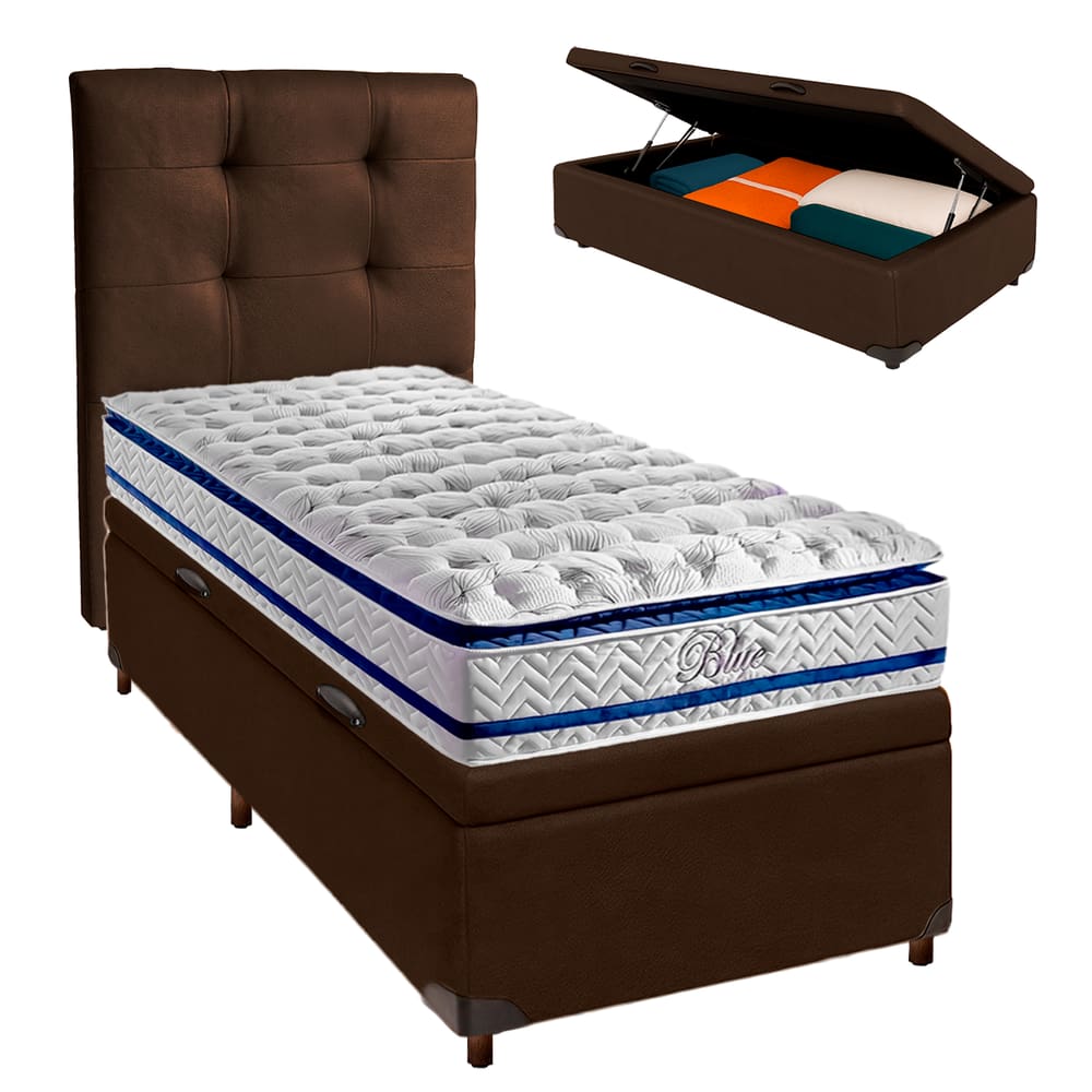 Kit Cabeceira + Cama Box Bau  + Colchão Solteiro Molas Ensacadas Blue Paropas