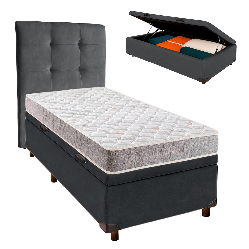 Cama + Bau Cinza e Colchão D33 Solteiro - D33 Inducol + Cabeceira