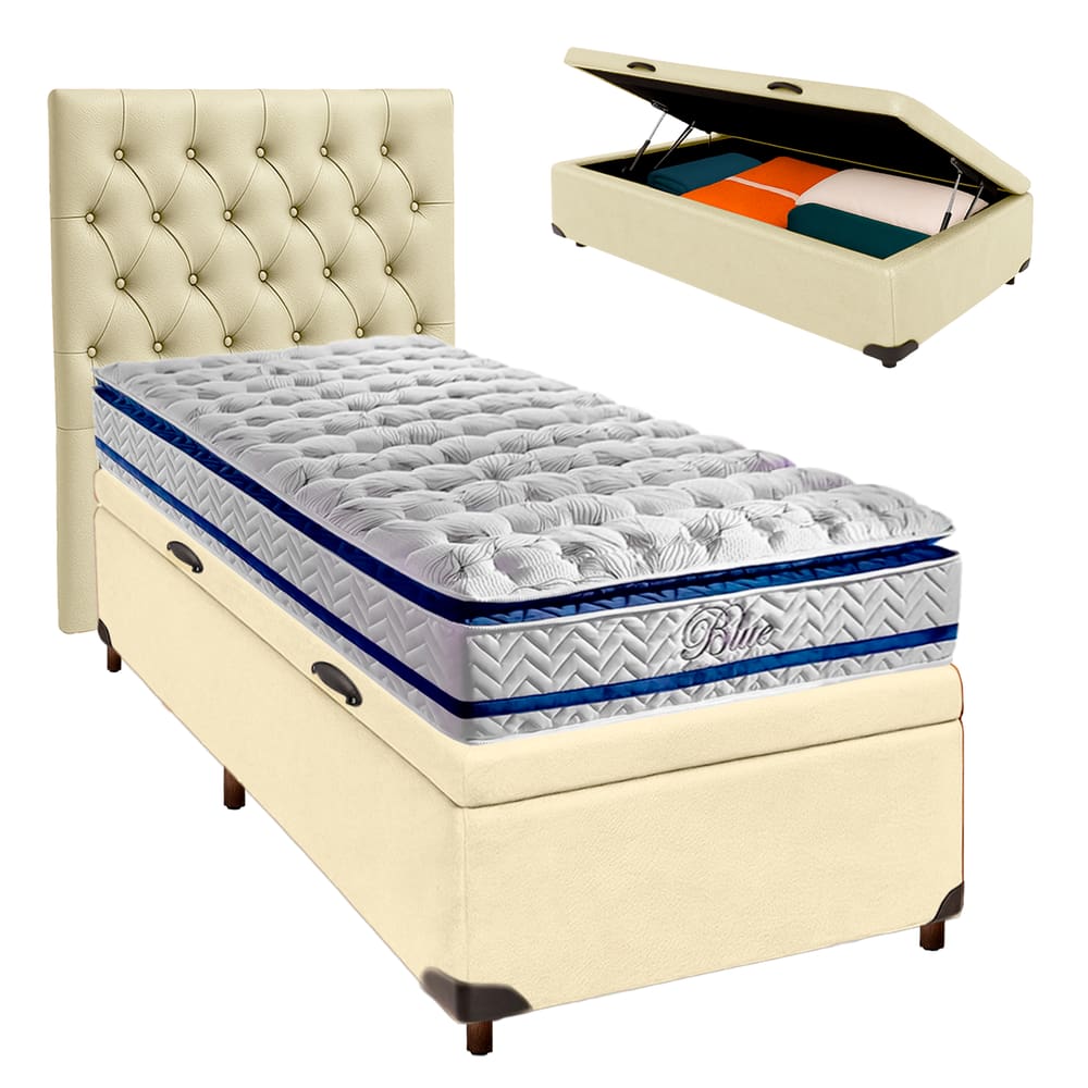 Cama Box Bau + Colchão Solteiro Molas Ensacadas Blue Paropas + Cabeceira Estofada