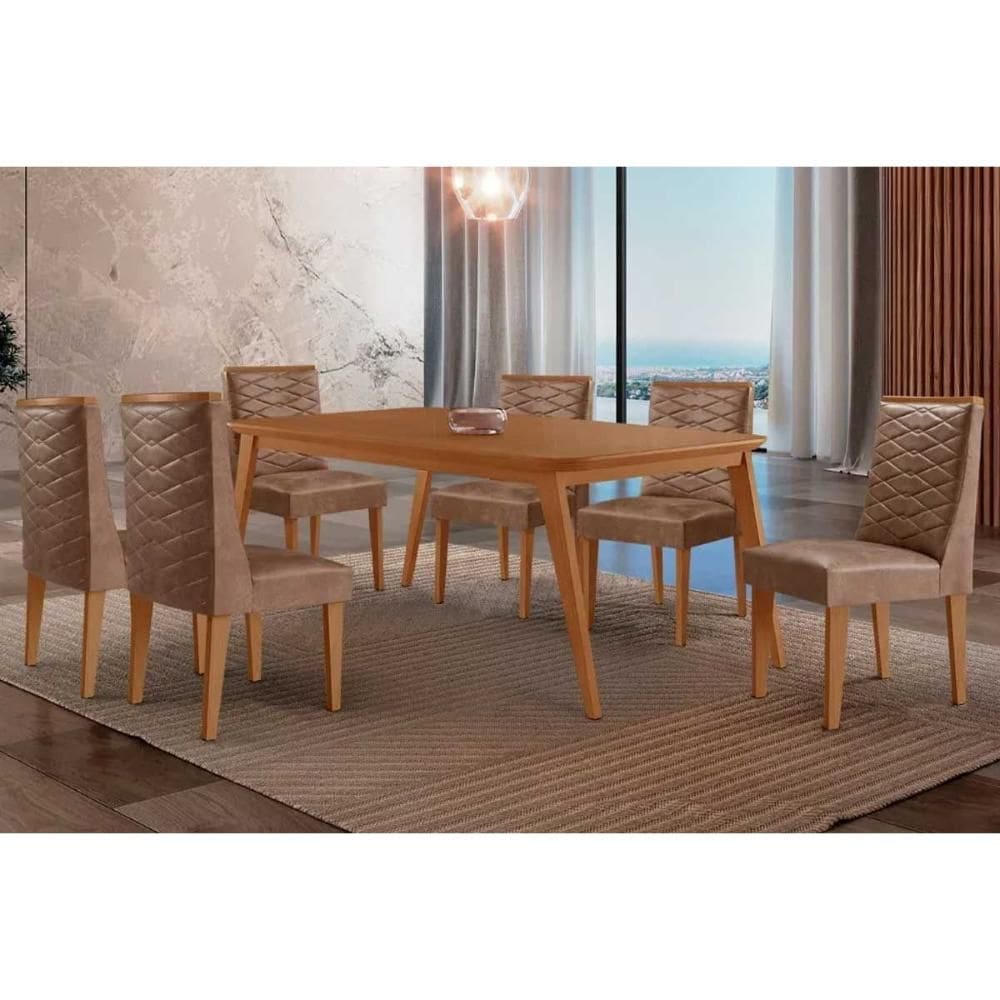 Conjunto: Mesa de Cozinha Havana c/ Tampo Madeirado Canto Curvo 180x90cm e 6 Cadeiras Dafne Naturale - Corano Capuccino - Rufato