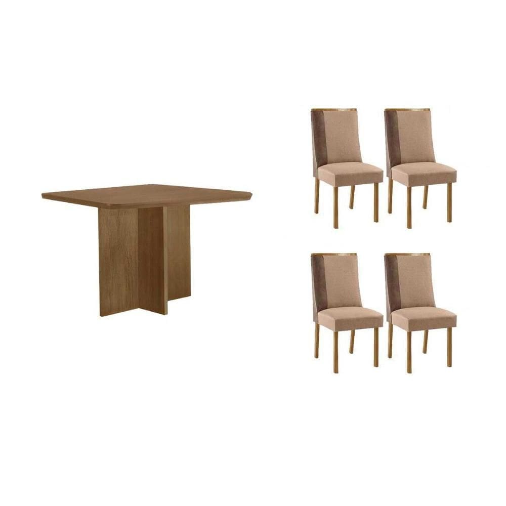 Conjunto: Mesa de Cozinha Berlim c/ Tampo Madeirado Canto Curvo 90x90cm e 4 Cadeiras Tilia Naturale - Linho Capuccino - Rufato