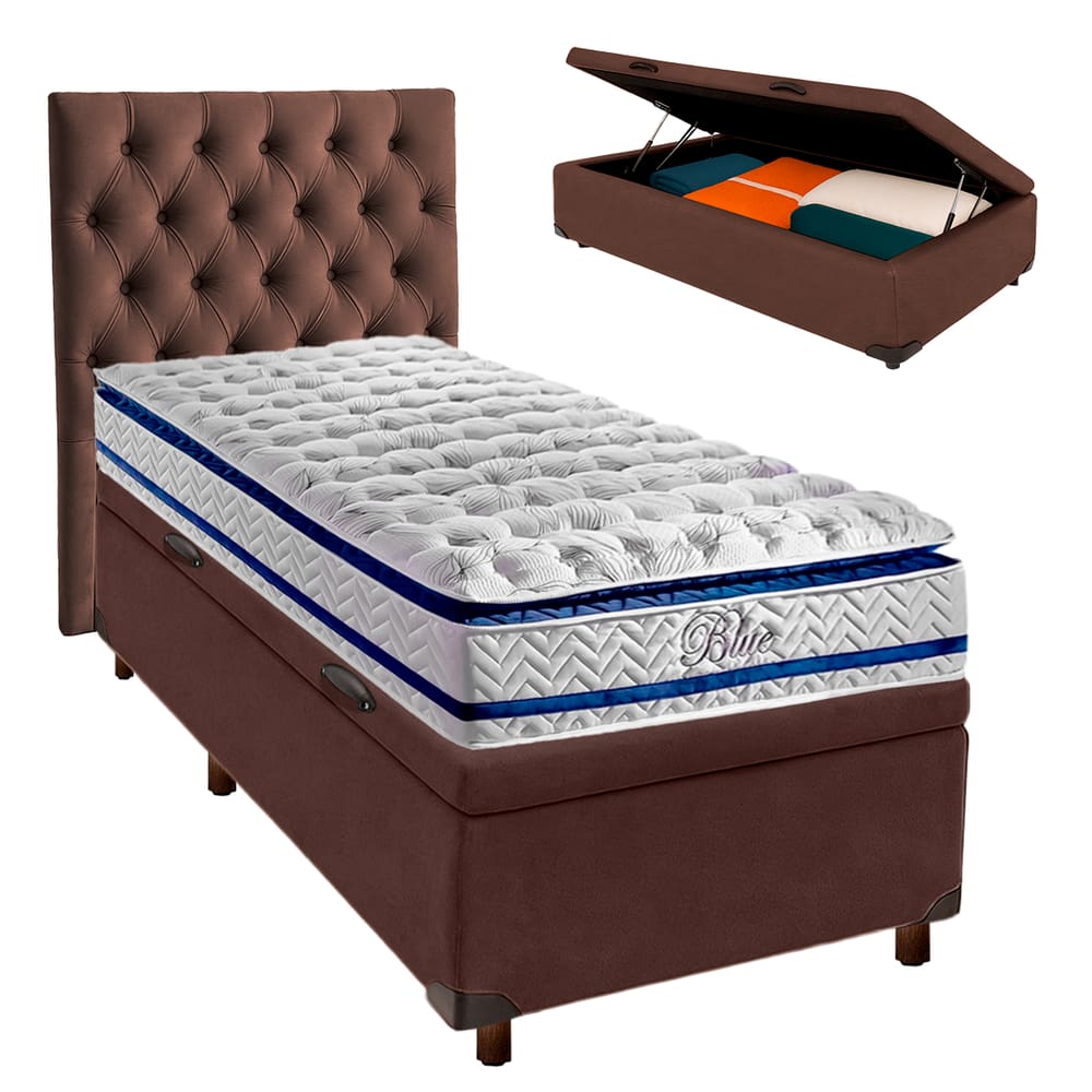 Cama Box Bau + Colchão Solteiro Molas Ensacadas Blue Paropas + Cabeceira Estofada