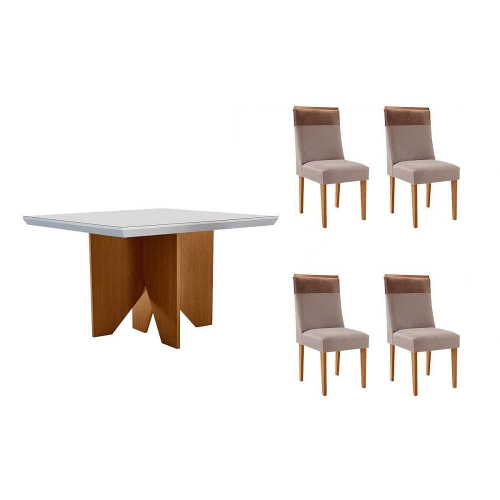 Conjunto: Mesa de Cozinha Nevada c/ Tampo Madeirado c/ Vidro Canto Curvo 90x90cm e 4 Cadeiras Jaspe Naturale/Off White - Linho Capuccino - Rufato