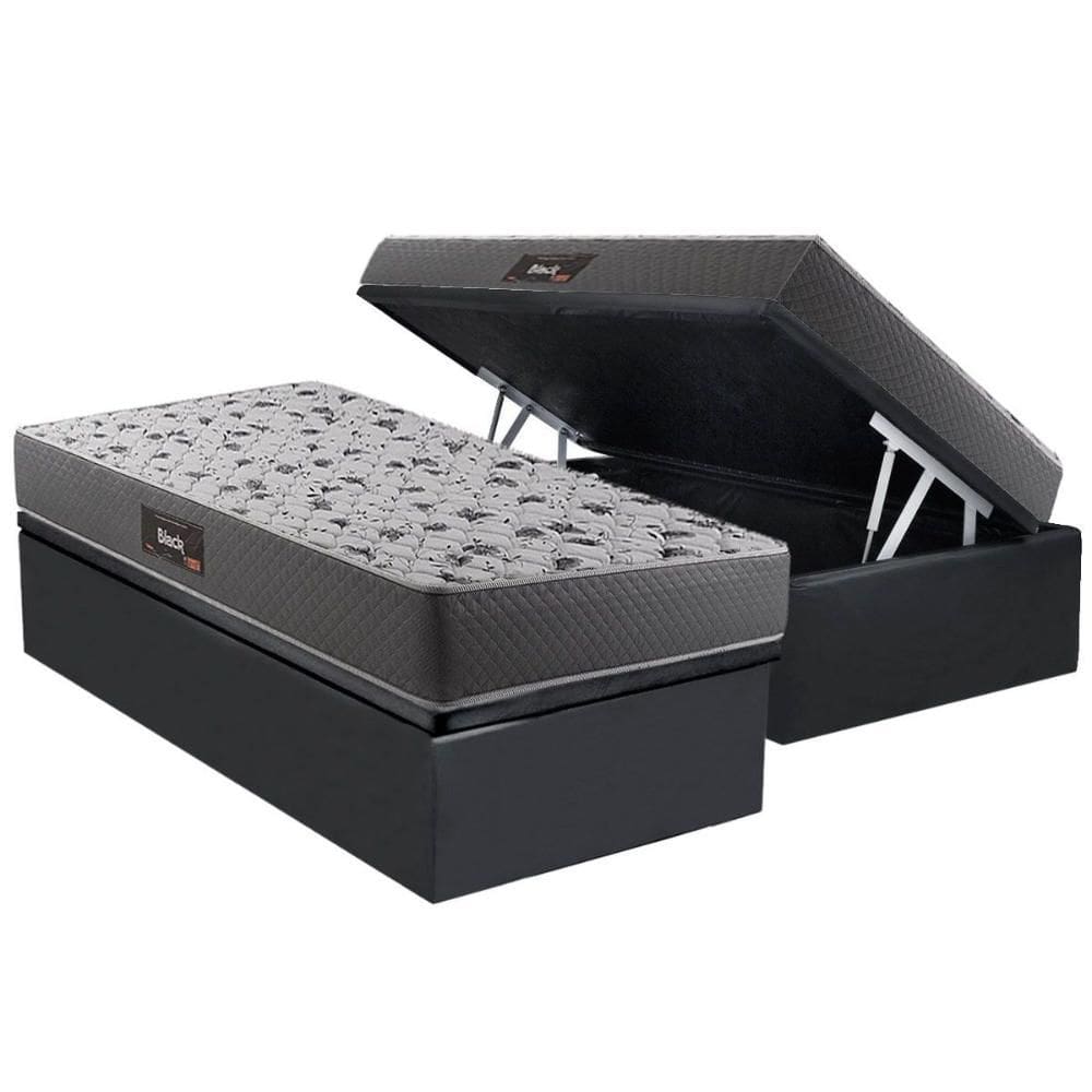 Cama Box Baú Solteiro: Colchão Ortopédico Herval D28 / AG65 Black + Base CRC Suede Gray (88x188)