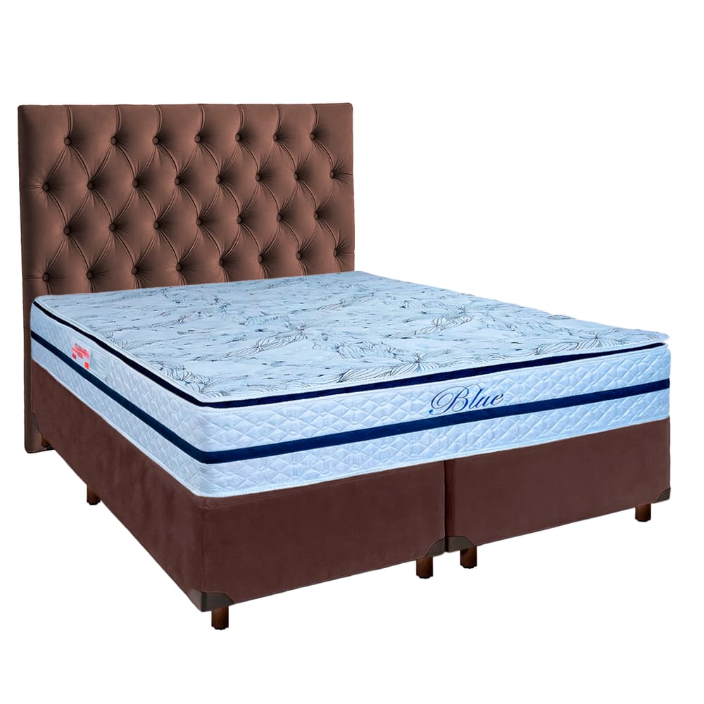 Cama + Box Marrom e Colchão Molas Ensacadas Queen - Blue Paropas + Cabeceira