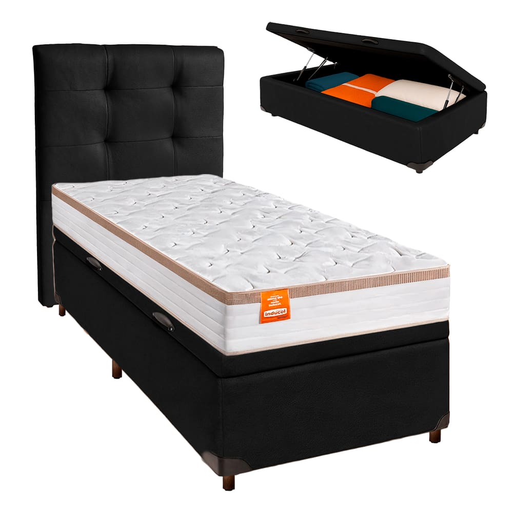 Cama Box Bau + Colchão Solteiro Molas Ensacadas Isis Real Inducol + Cabeceira Estofada
