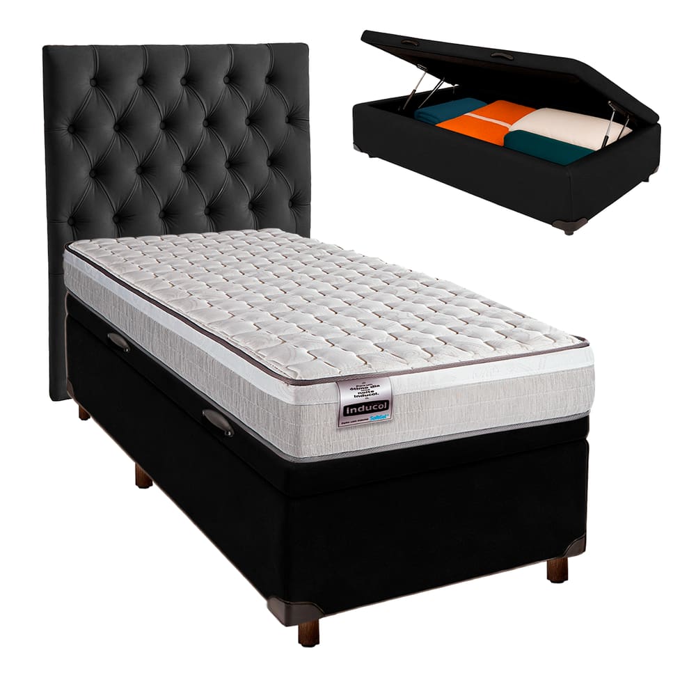 Cama Box Bau + Colchão Solteiro Molas Ensacadas Hanover Inducol + Cabeceira Estofada
