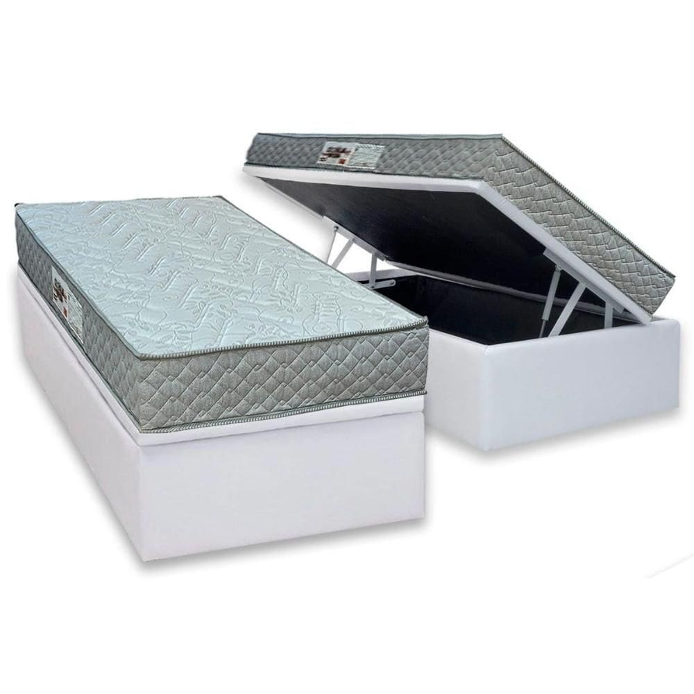 Cama Box Baú Solteiro: Colchão Espuma D45 Paropas Pasquale Gray + Base CRC Linhão White (88x188)