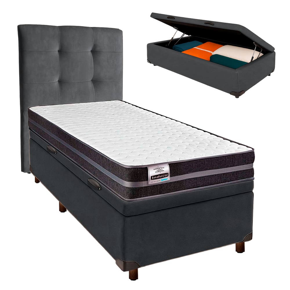 Cama + Bau Blindado e Colchão Molas Ultralastic Solteiro - Bogota Inducol + Cabeceira