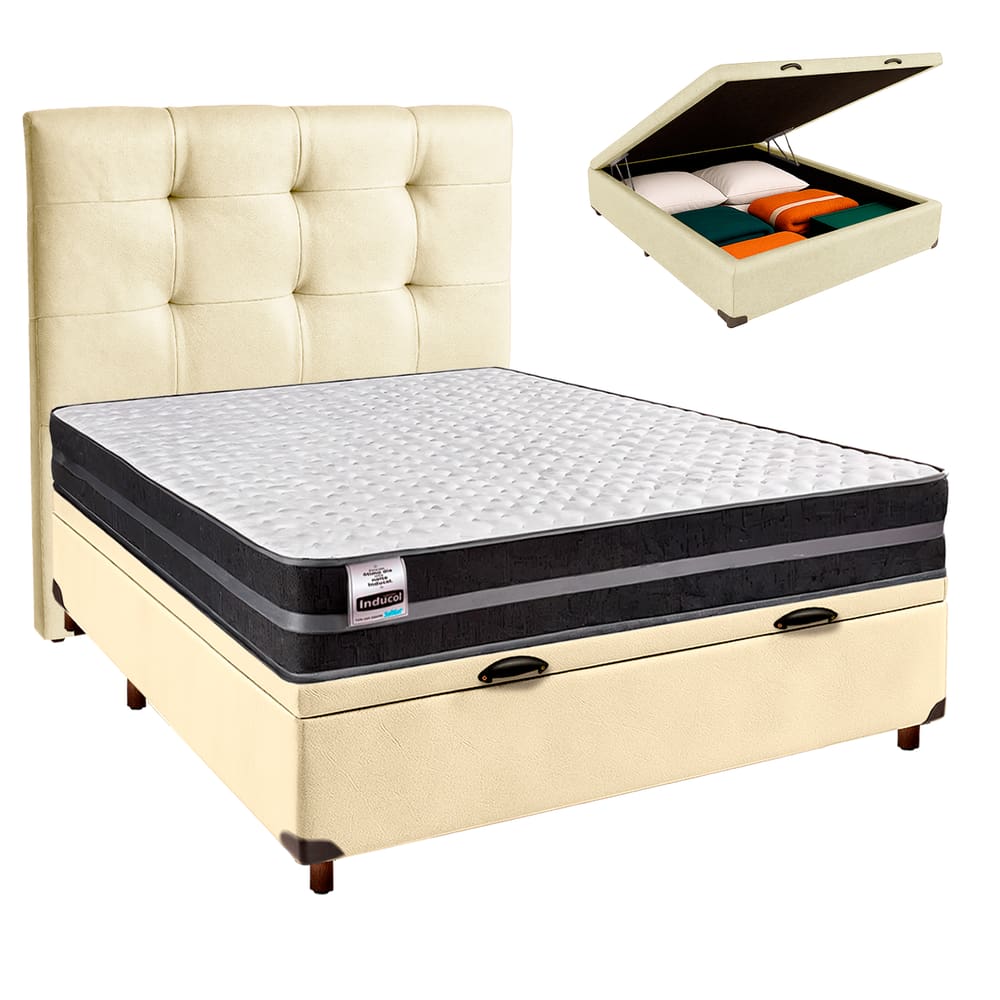 Conjunto Cama Box Bau Bege Casal + Colchão Molas Ultralastic Bogota Inducol + Cabeceira