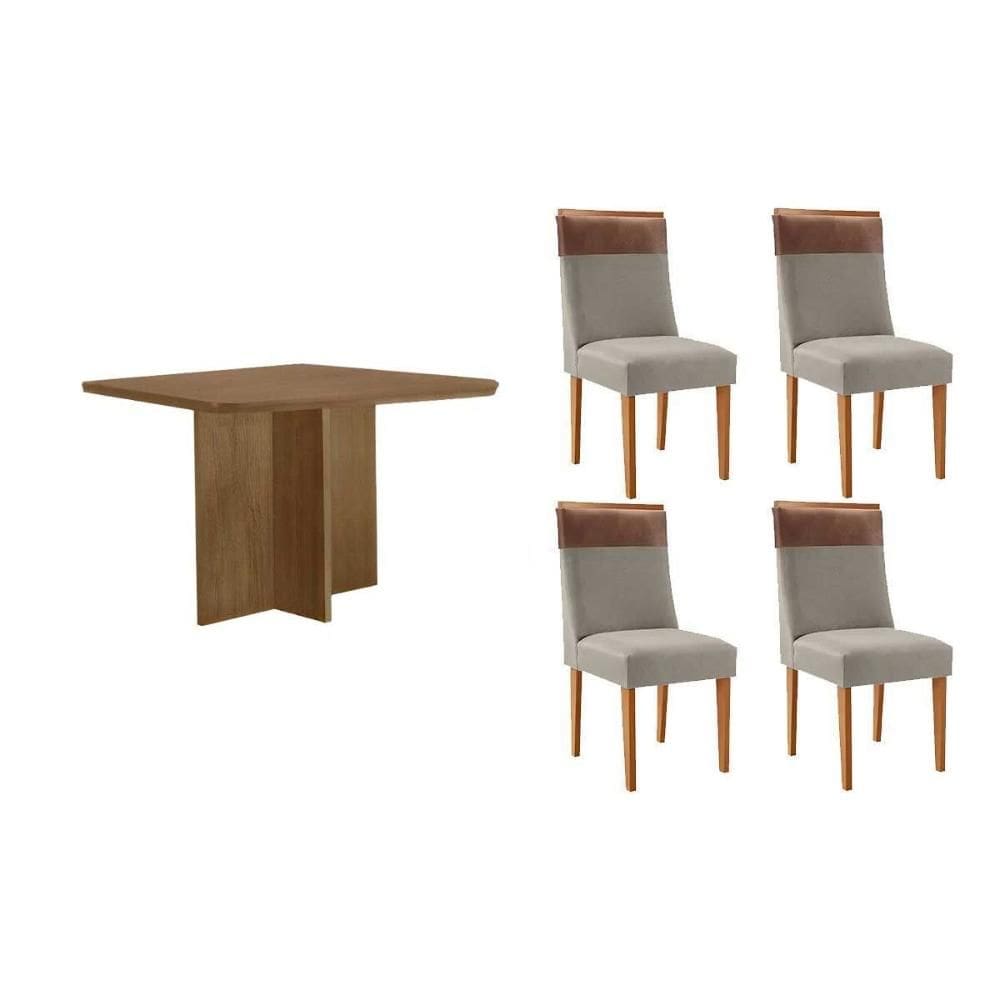 Conjunto: Mesa de Cozinha Berlim c/ Tampo Madeirado Canto Curvo 90x90cm e 4 Cadeiras Jaspe Naturale - Suede Capuccino - Rufato
