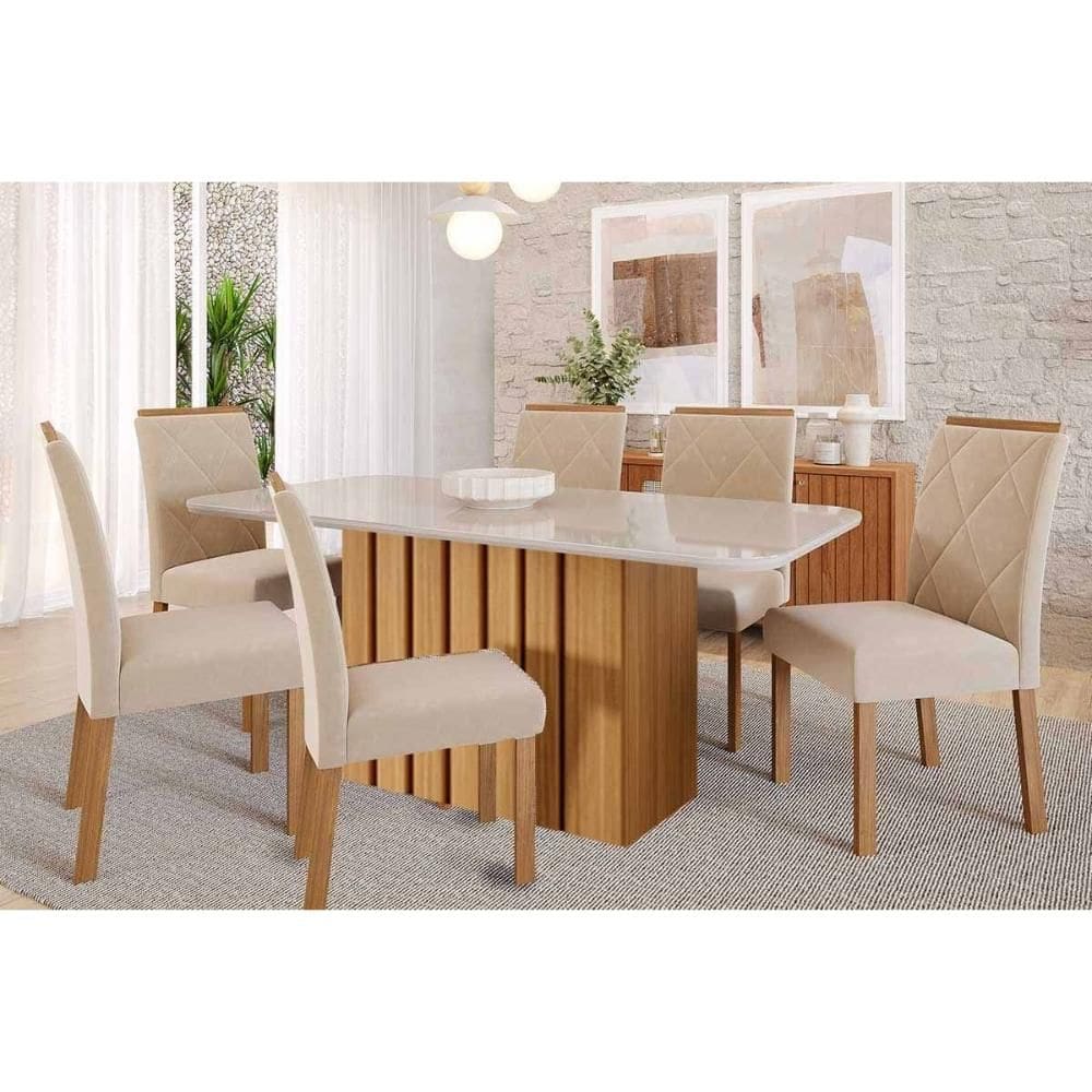 Conjunto: Mesa de Cozinha Ana Tampo Madeirado c/ Vidro 180x90cm e 6 Cadeiras Fernanda Nature/Off White - Carvalho/Suede Nude Bege - Cimol