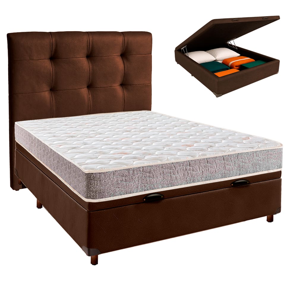 Conjunto Cama Box Bau Marrom Casal + Colchão D23 D23 Inducol + Cabeceira