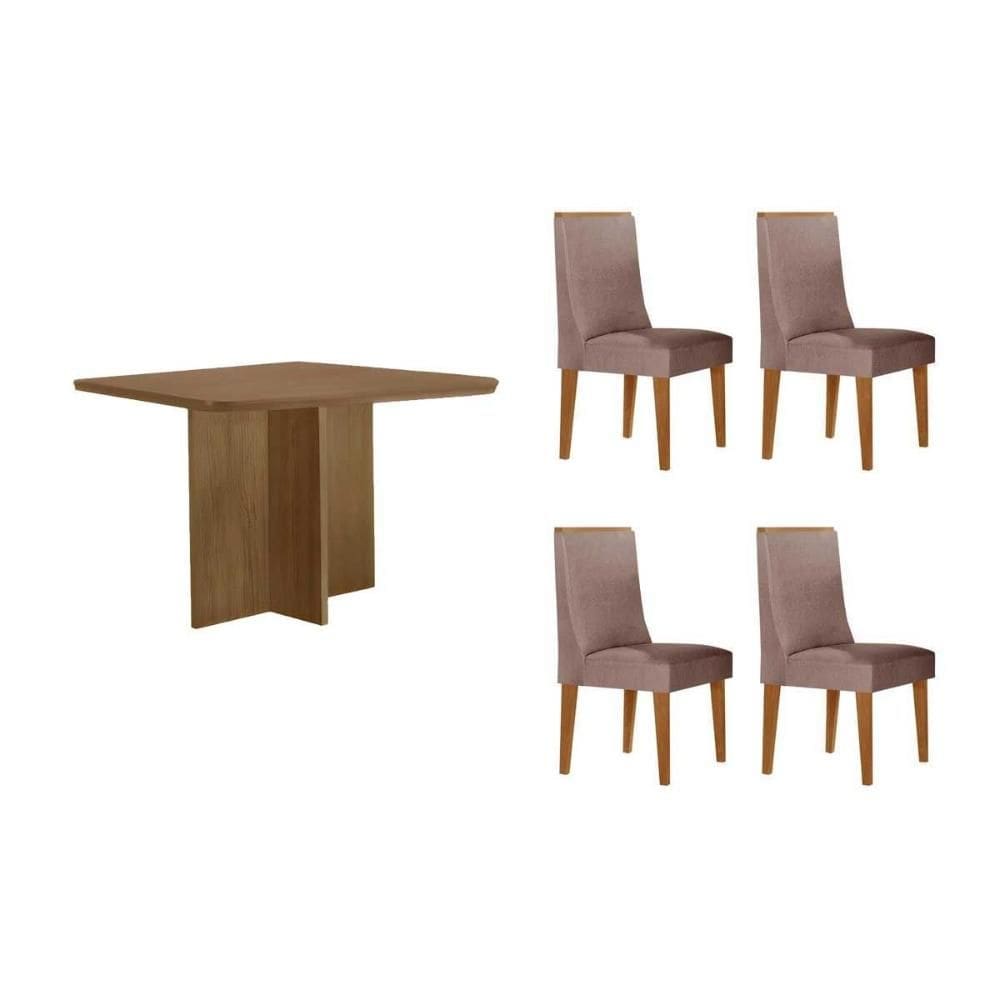 Conjunto: Mesa de Cozinha Berlim c/ Tampo Madeirado Canto Curvo 90x90cm e 4 Cadeiras Dakota Naturale - Linho Capuccino - Rufato