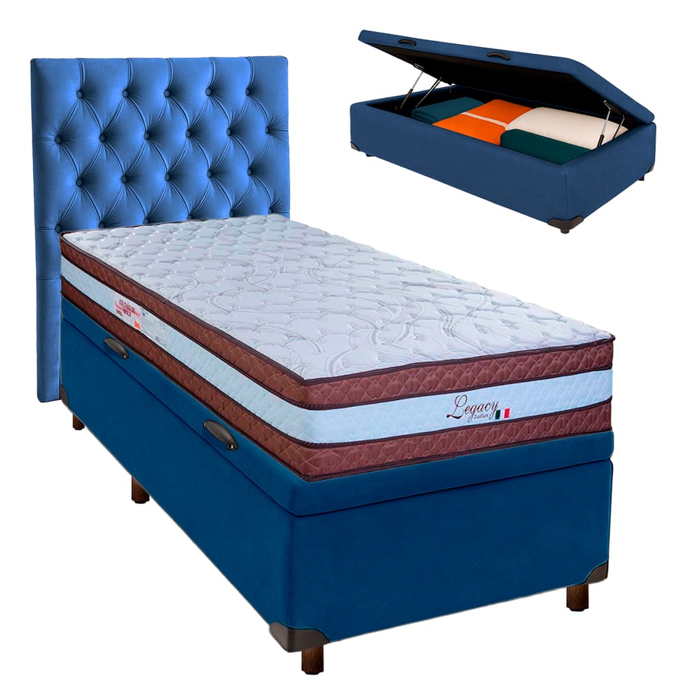 Cama Box Bau + Colchão Solteiro Molas Ensacadas Legaccy Paropas + Cabeceira Estofada