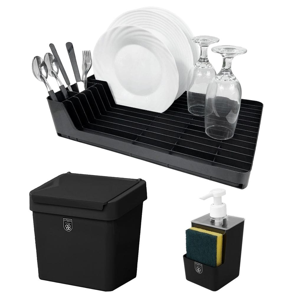 Kit 3 Pç Dispenser Sabonete Líquido + Escorredor de Louça + Lixeira 2,5 Litros Com Tampa Cozinha Preto - Pop Crippa
