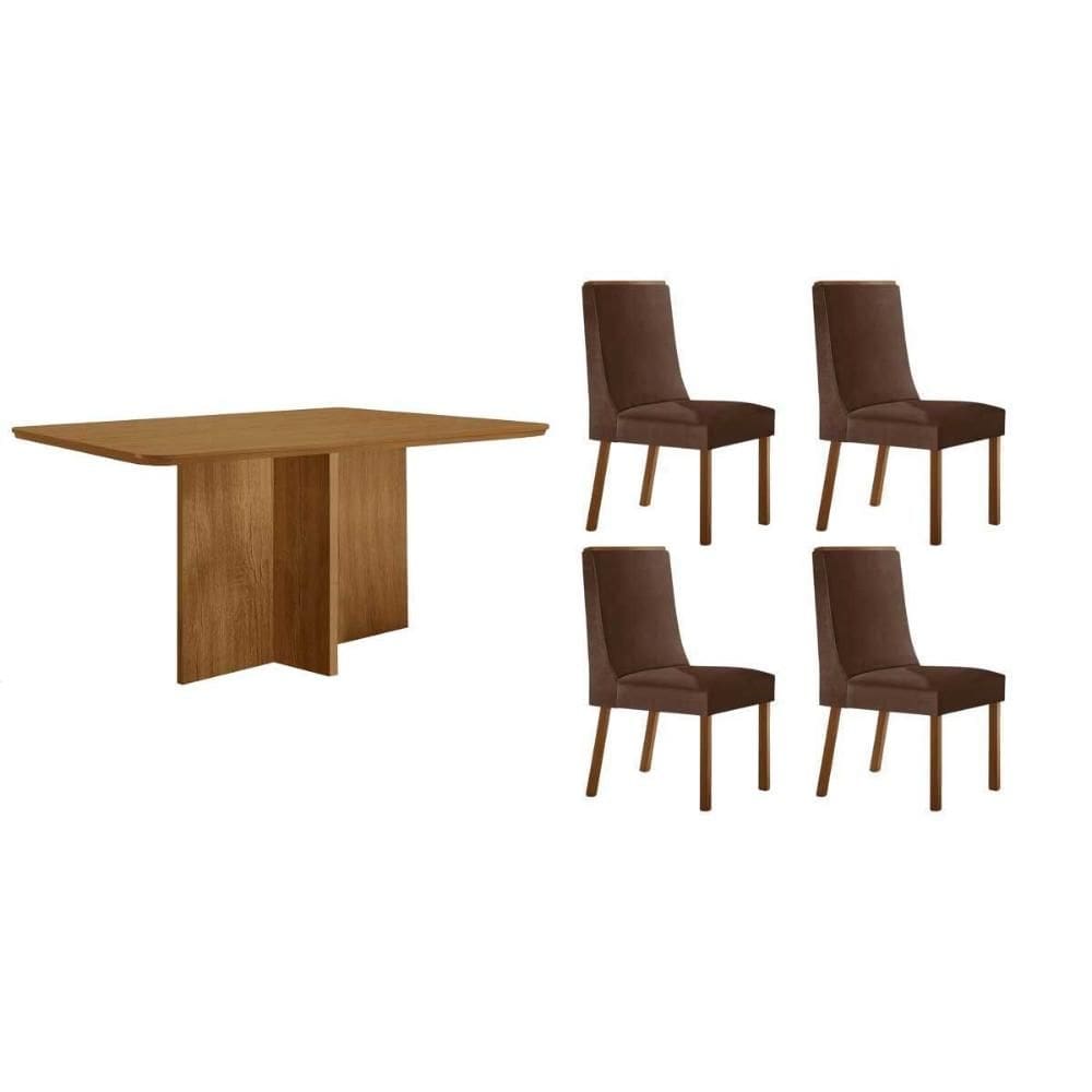 Conjunto: Mesa de Cozinha Berlim c/ Tampo Madeirado Canto Curvo 120x80cm e 4 Cadeiras Dakota Naturale - Suede Marrom - Rufato