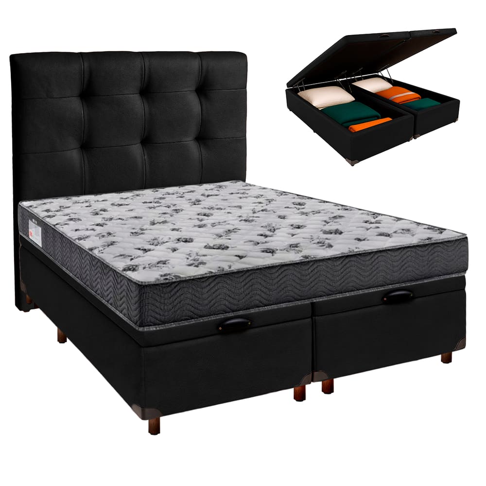 Conjunto Cama Box Bau Blindado Casal + Colchão D33 Iso100 Ortobom + Cabeceira