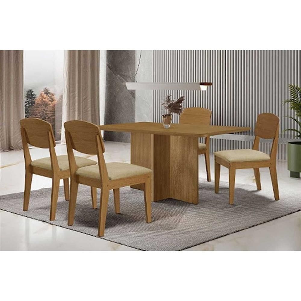 Conjunto: Mesa de Cozinha Berlim c/ Tampo Madeirado Canto Curvo 120x80cm e 4 Cadeiras Havana Naturale - Suede Creme - Rufato