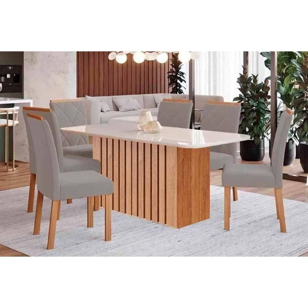 Conjunto: Mesa de Cozinha Ana Tampo Madeirado c/ Vidro 180x90cm e 6 Cadeiras Fernanda Cinamomo/Off White - Carvalho/Linho Grafite - Cimol
