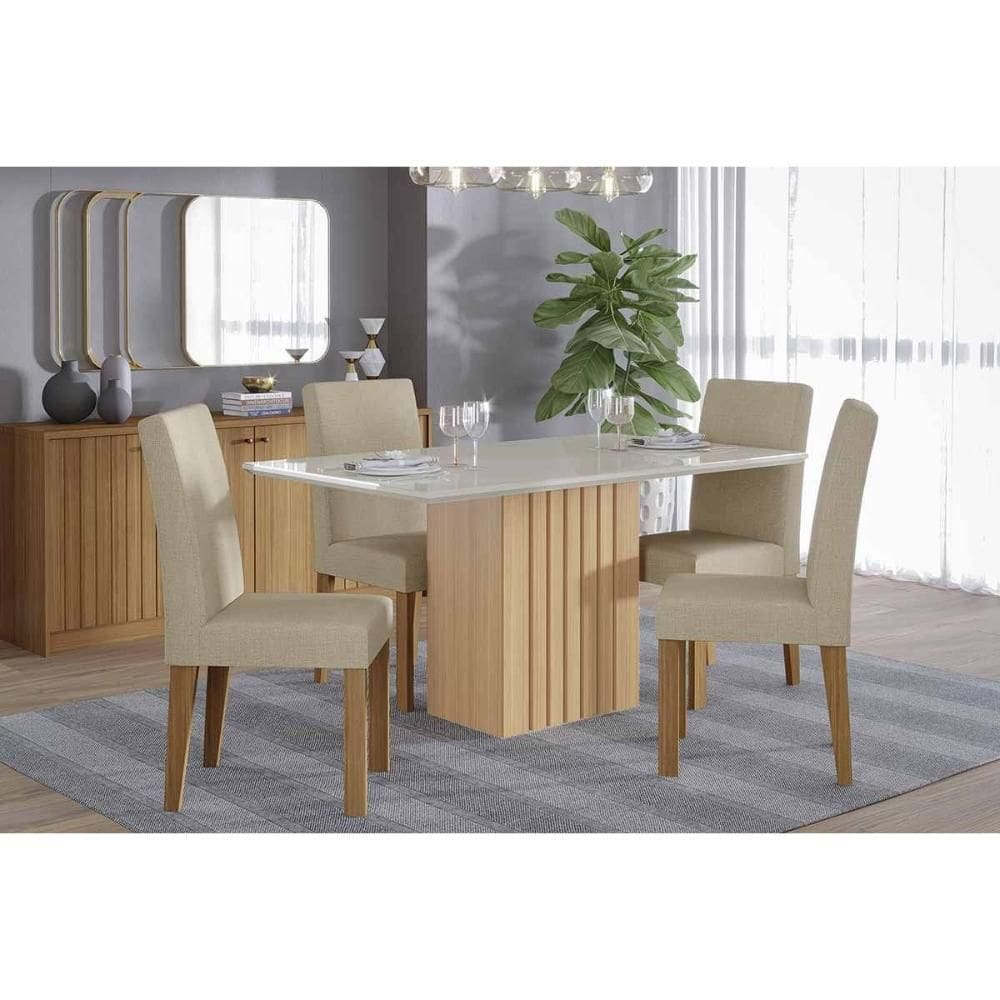 Conjunto: Mesa de Cozinha Ana Tampo Madeirado c/ Vidro 130x80cm e 4 Cadeiras Maia Nature/Off White - Nature/Suede Gengibre Bege - Cimol