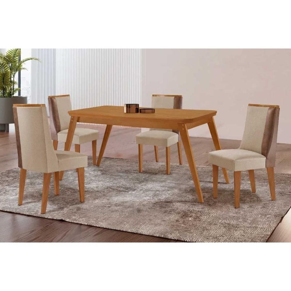 Conjunto: Mesa de Cozinha Havana c/ Tampo Madeirado Canto Curvo 120x80cm e 4 Cadeiras Tilia Naturale - Suede Creme - Rufato