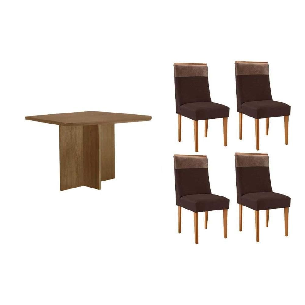 Conjunto: Mesa de Cozinha Berlim c/ Tampo Madeirado Canto Curvo 90x90cm e 4 Cadeiras Jaspe Naturale - Suede Marrom - Rufato