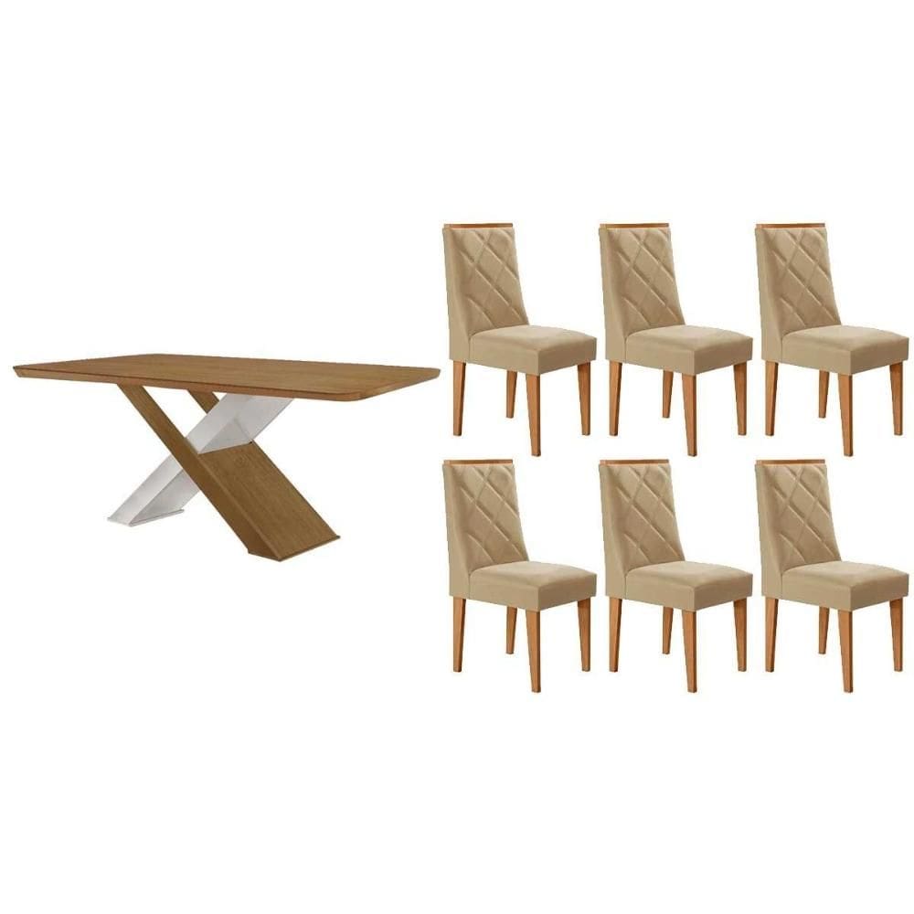 Conjunto: Mesa de Cozinha Imperatriz c/ Tampo Madeirado Canto Curvo 180x90cm e 6 Cadeiras Pietá Naturale/Off White - Linho Bege - Rufato