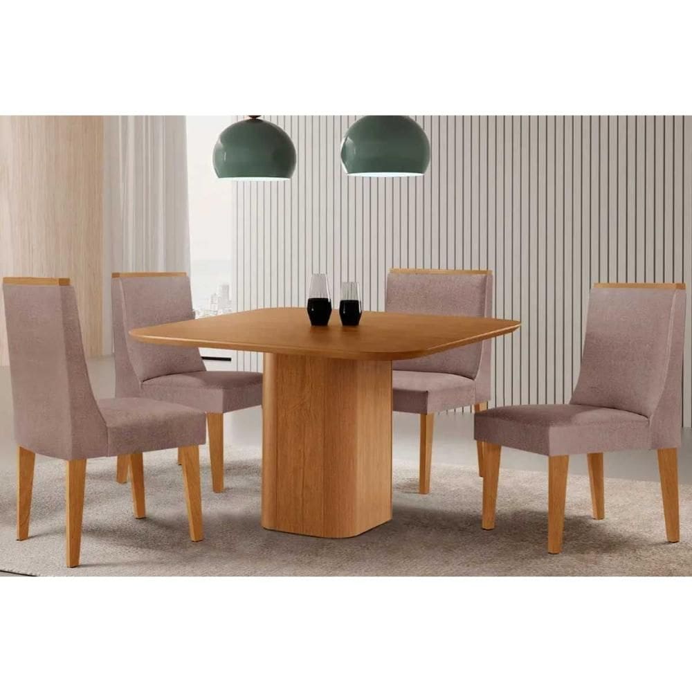 Conjunto: Mesa de Cozinha Maldivas c/ Tampo Madeirado Canto Curvo 90x90cm e 4 Cadeiras Dakota Naturale - Linho Capuccino - Rufato