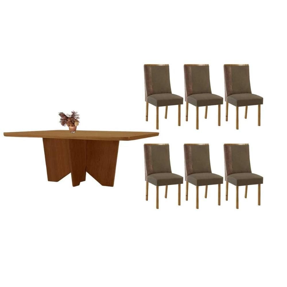 Conjunto: Mesa de Cozinha Nevada c/ Tampo Madeirado Canto Curvo 180x90cm e 6 Cadeiras Tilia Naturale - Suede Capuccino - Rufato