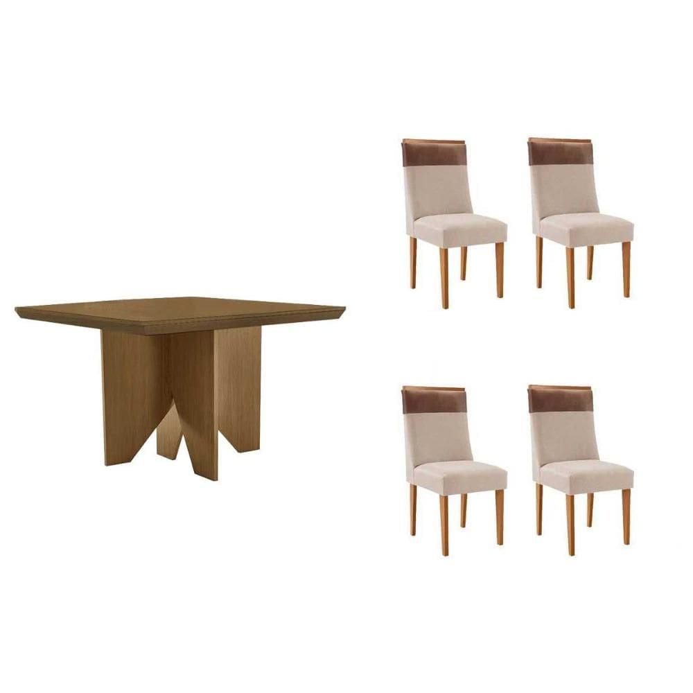 Conjunto: Mesa de Cozinha Nevada c/ Tampo Madeirado Canto Curvo 90x90cm e 4 Cadeiras Jaspe Naturale - Suede Creme - Rufato
