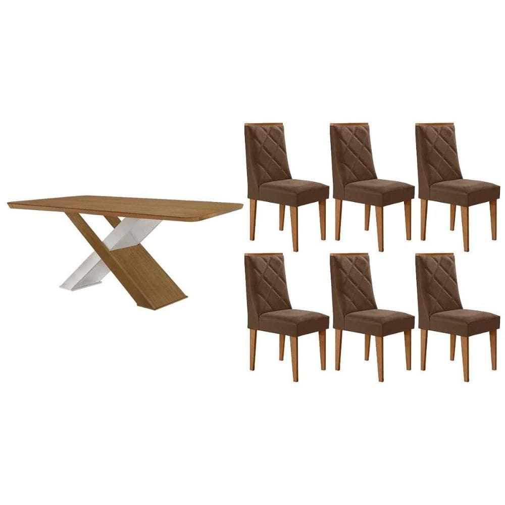 Conjunto: Mesa de Cozinha Imperatriz c/ Tampo Madeirado Canto Curvo 180x90cm e 6 Cadeiras Pietá Naturale/Off White - Suede Marrom - Rufato