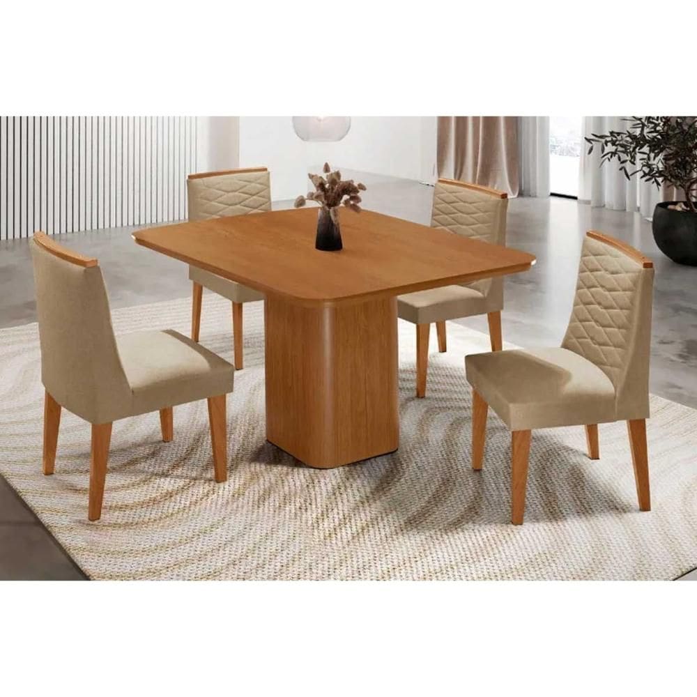 Conjunto: Mesa de Cozinha Maldivas c/ Tampo Madeirado Canto Curvo 90x90cm e 4 Cadeiras Maldivas Naturale - Linho Bege - Rufato