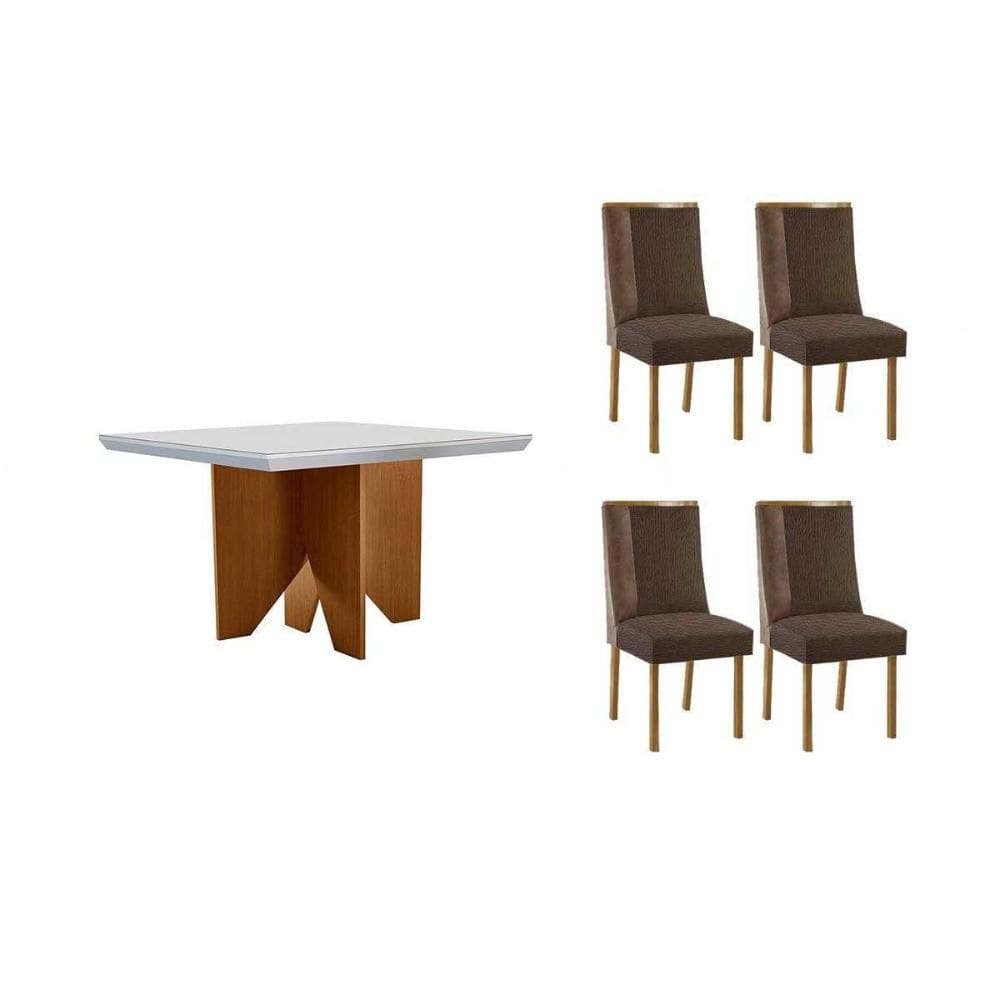 Conjunto: Mesa de Cozinha Nevada c/ Tampo Madeirado c/ Vidro Canto Curvo 90x90cm e 4 Cadeiras Tilia Naturale/Off White - Suede Marrom - Rufato