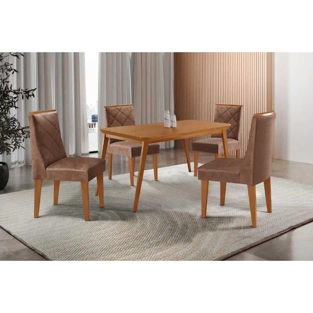 Conjunto: Mesa de Cozinha Havana c/ Tampo Madeirado Canto Curvo 120x80cm e 4 Cadeiras Pietá Naturale - Corano Capuccino - Rufato