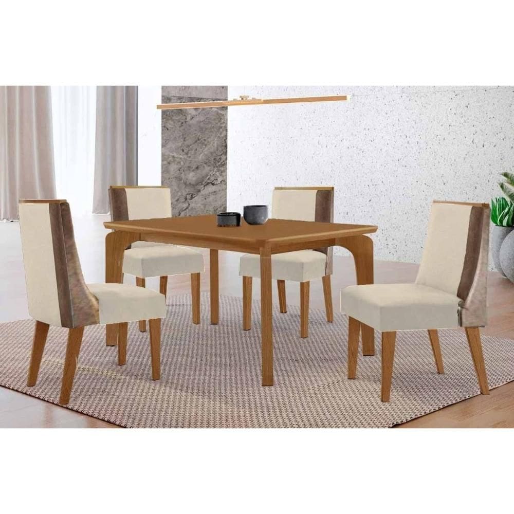 Conjunto: Mesa de Cozinha Londrina c/ Tampo Madeirado Canto Curvo 120x80cm e 4 Cadeiras Tilia Naturale - Linho Bege - Rufato