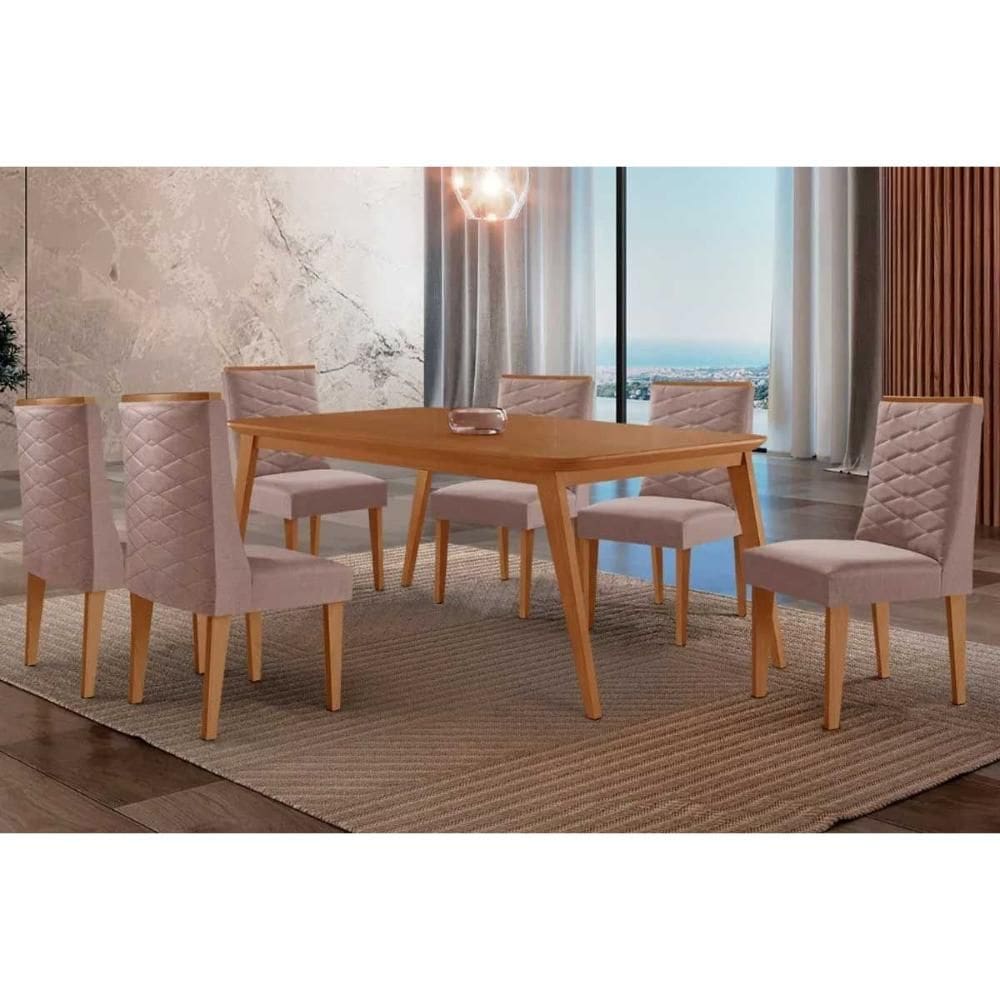 Conjunto: Mesa de Cozinha Havana c/ Tampo Madeirado Canto Curvo 180x90cm e 6 Cadeiras Dafne Naturale - Linho Capuccino - Rufato