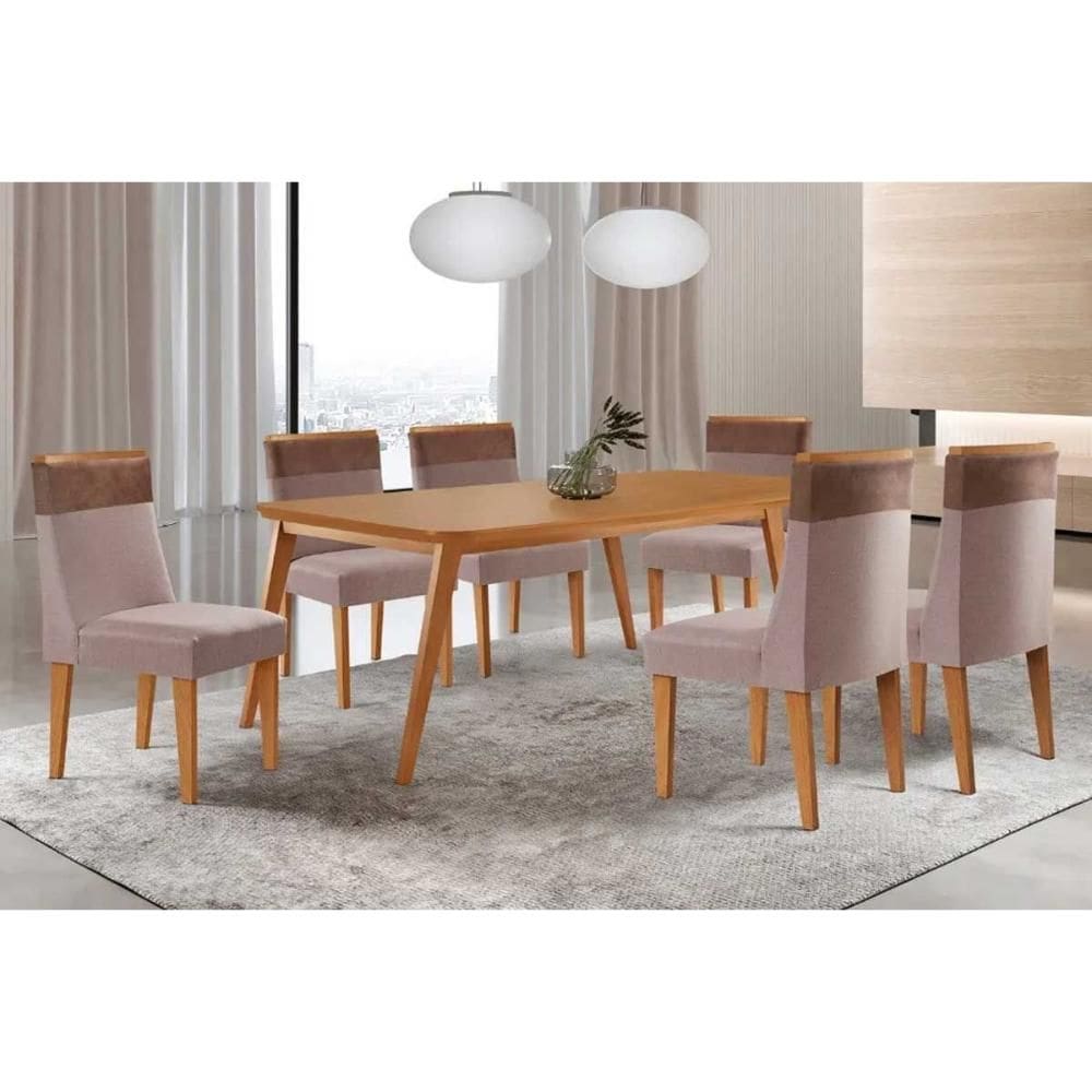 Conjunto: Mesa de Cozinha Havana c/ Tampo Madeirado Canto Curvo 180x90cm e 6 Cadeiras Jaspe Naturale - Linho Capuccino - Rufato