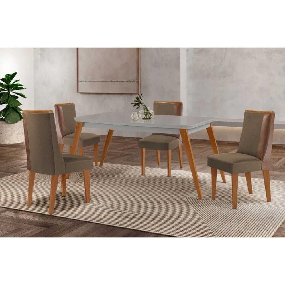 Conjunto: Mesa de Cozinha Havana c/ Tampo Madeirado c/ Vidro Canto Curvo 120x80cm e 4 Cadeiras Tilia Naturale/Off White - Suede Capuccino - Rufato