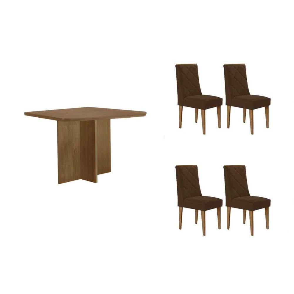 Conjunto: Mesa de Cozinha Berlim c/ Tampo Madeirado Canto Curvo 90x90cm e 4 Cadeiras Pietá Naturale - Suede Capuccino - Rufato