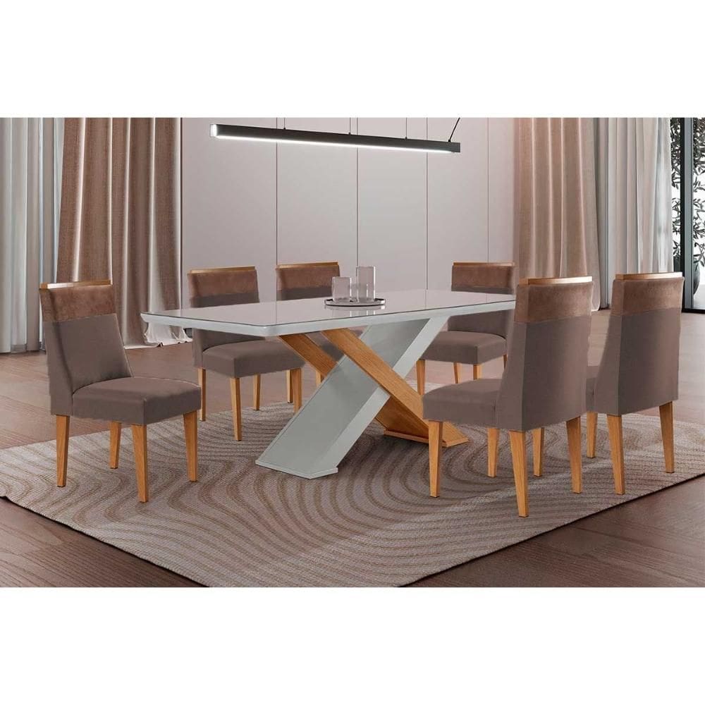 Conjunto: Mesa de Cozinha Imperatriz c/ Tampo Madeirado c/ Vidro Canto Curvo 180X90cm e 6 Cadeiras Jaspe Naturale/Off White - Suede Marrom - Rufato